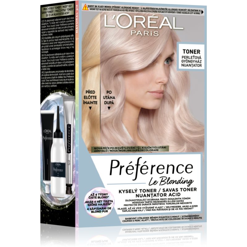 L’Oréal Paris Préférence Le Blonding Toner οξύ τονωτικό εξουδετέρωση των πορτοκαλί αποχρώσεων απόχρωση 02 Pearl Blonde 1 τμχ
