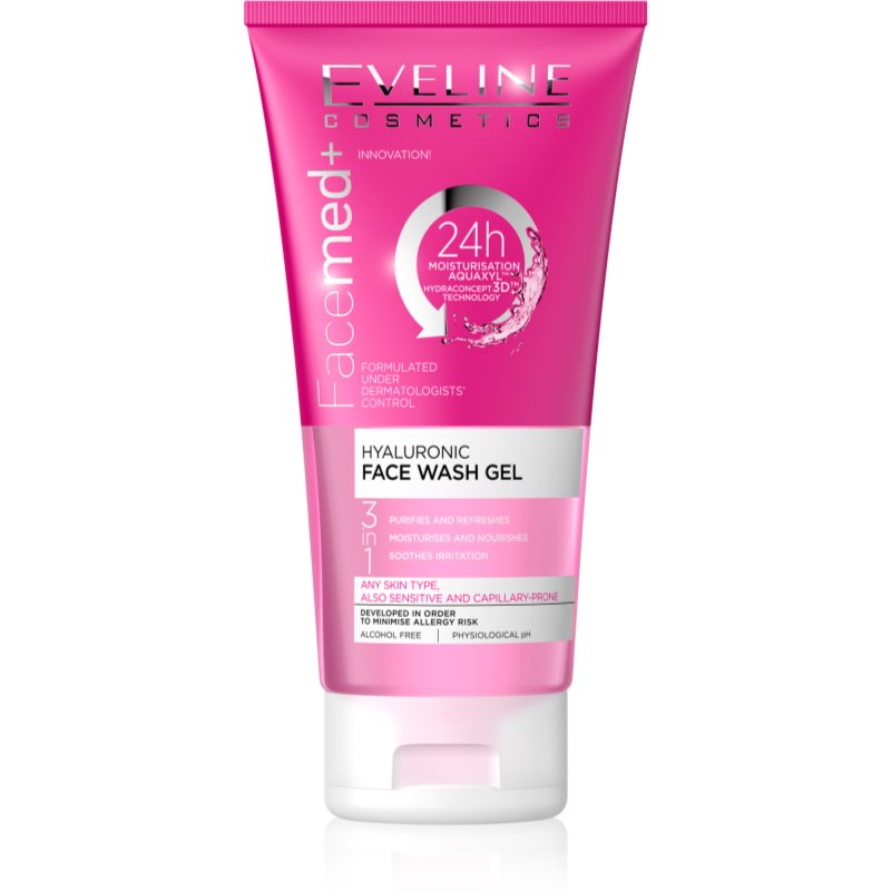Eveline Cosmetics FaceMed+ τζελ καθαρισμού 3 σε 1 με υαλουρονικό οξύ 150 ml