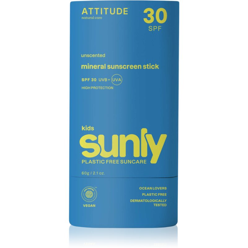 Attitude Sunly Kids Sunscreen Stick μεταλλική αντηλιακή κρέμα σε στικ για παιδιά SPF 30 60 γρ