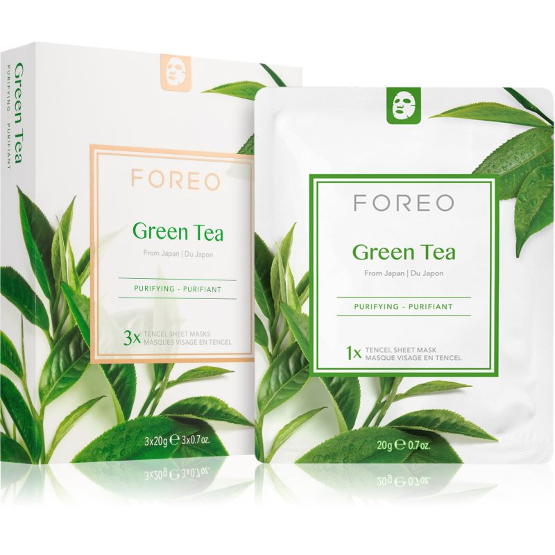 FOREO Farm to Face Sheet Mask Green Tea φύλλο μάσκας με καταπραϋντική επίδραση για μικτή επιδερμίδα 3x20 γρ