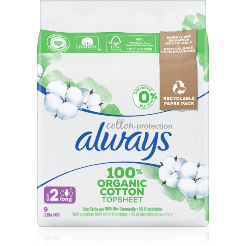 Always Cotton Protection Long σερβιέτες χωρίς άρωμα 9 τμχ
