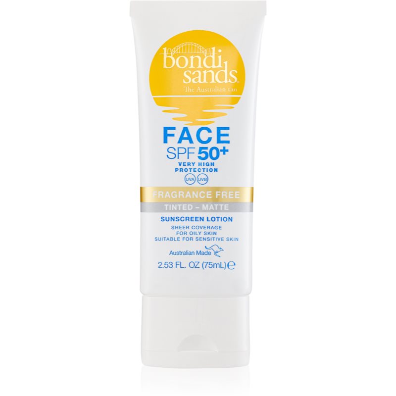 Bondi Sands SPF 50+ Face Fragrance Free προστατευτική χρωματισμένη κρέμα προσώπου για ματ εμφάνιση SPF 50+ 75 ml