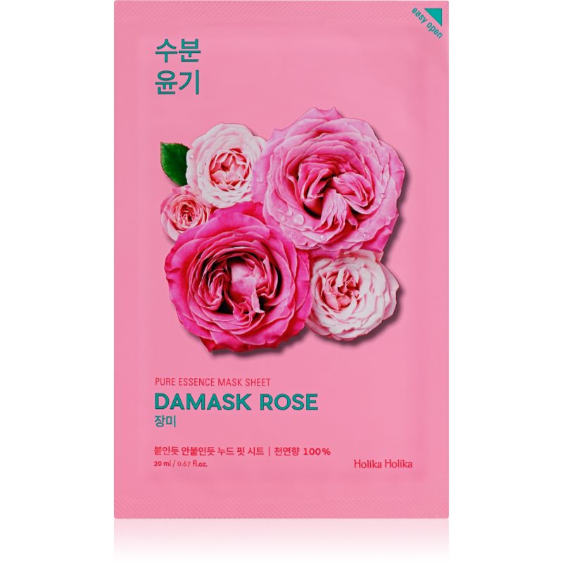 Holika Holika Pure Essence Damask Rose φύλλο μάσκας με ενυδατική και αναζωογονητική επίδραση 20 μλ