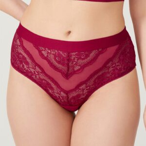 Plus Size Ψηλόμεσο Σλιπ Με Δαντέλα και Λάστιχο - Κερασί